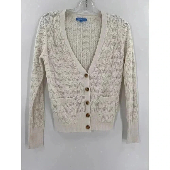 Burgess Cotton Cashmere Ivory Crochet Cardigan Sweater With Pockets Size XSMALL - Picture 3 of 10